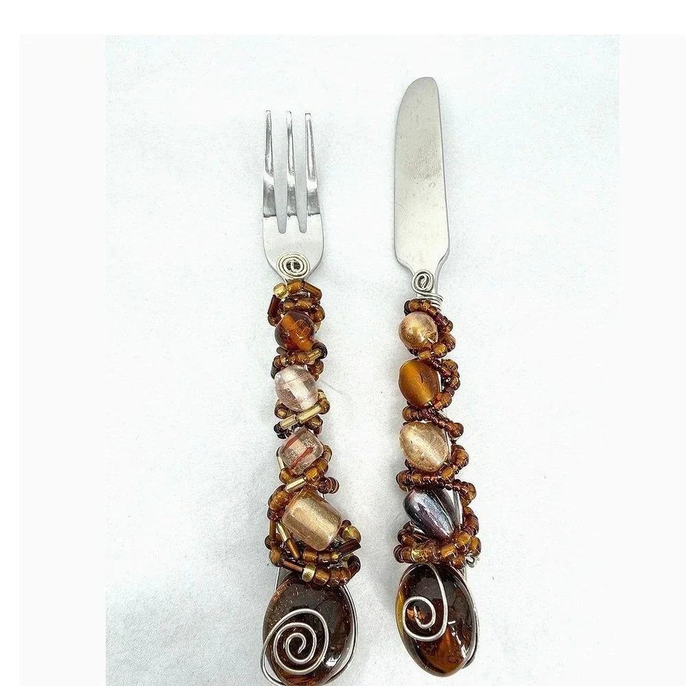 Stainless Flatware Knife & Fork Small Appetizer Wire Wrapped Brown Glass Beads